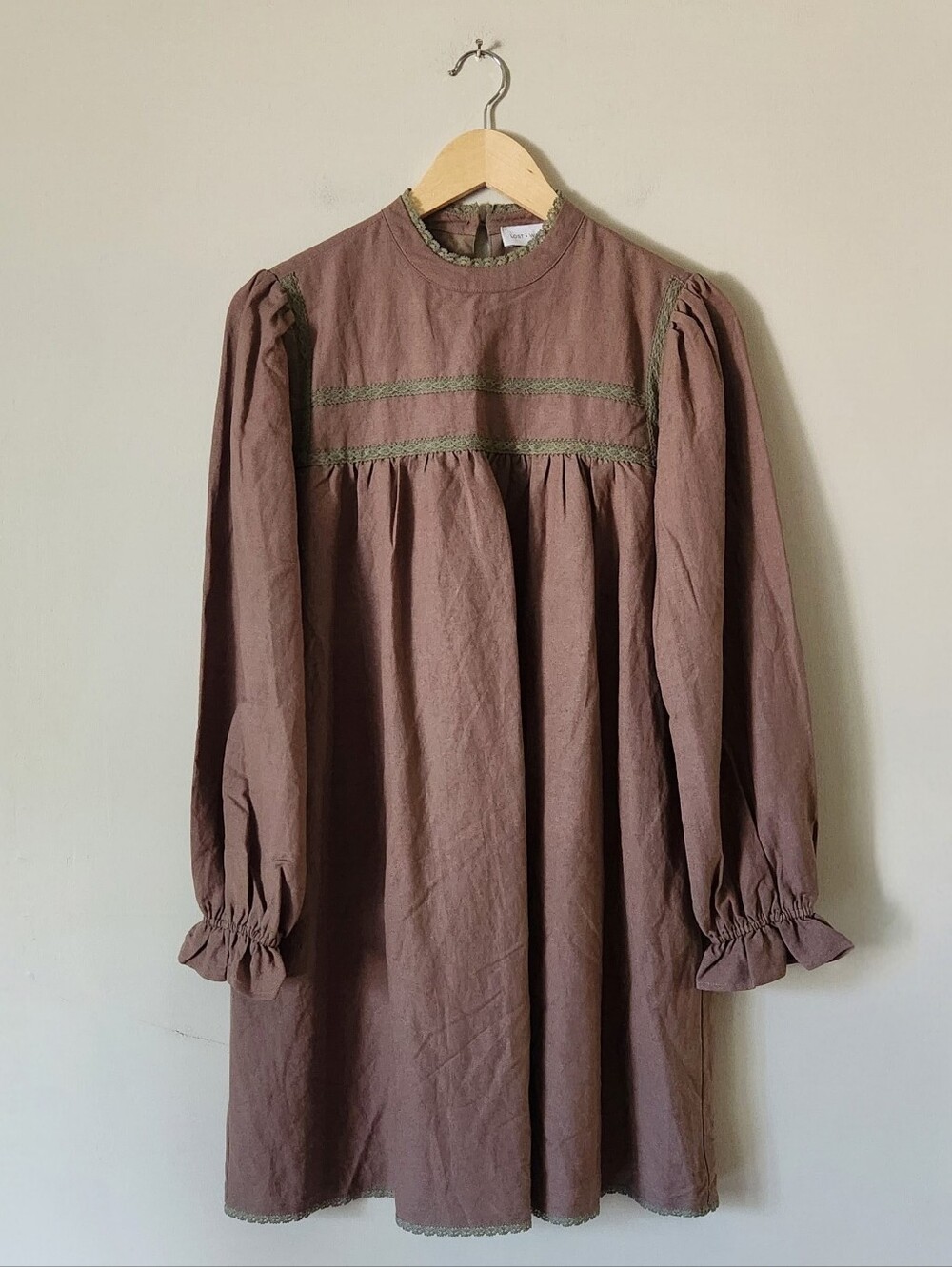 Lost + Wander Autumn Field Brown Linen Mini Dress with Olive Green Lace Sz M